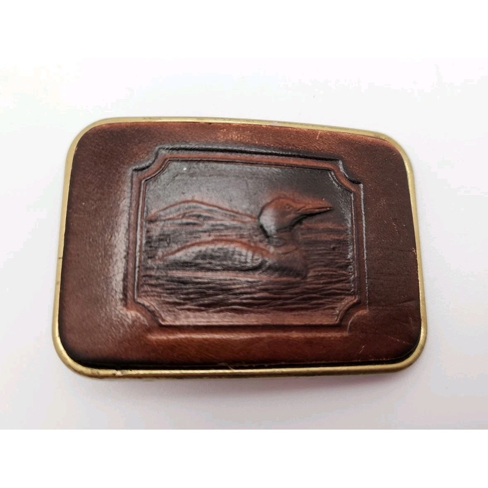 Vintage Duck Embossed Leather Brass Belt Buckle Waterfowl Loon Wildlife Hunting
